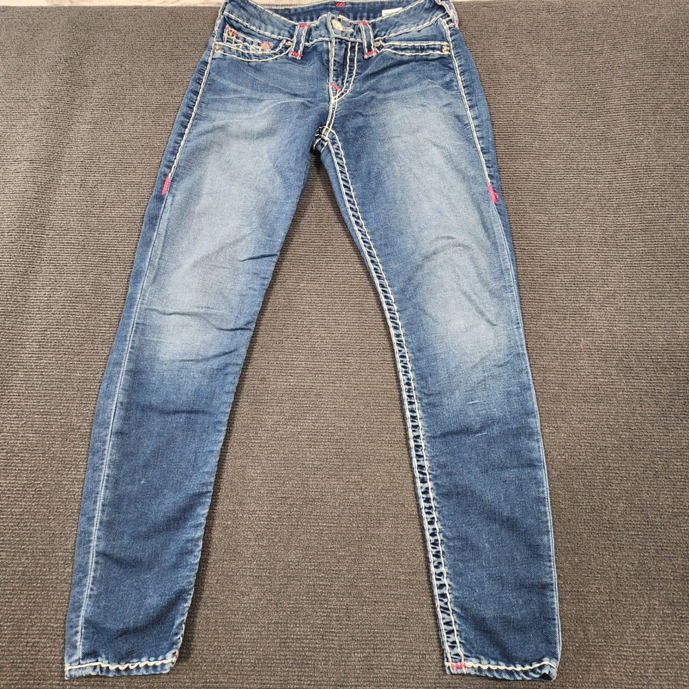 True Religion Skinny Jeans Women 28 Blue Super T Pink Stitching Denim Y2K